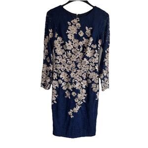 Xscape Lace Floral Sheath Dress Blue Long Sleeve Cocktail Midi Womens 8 NWT